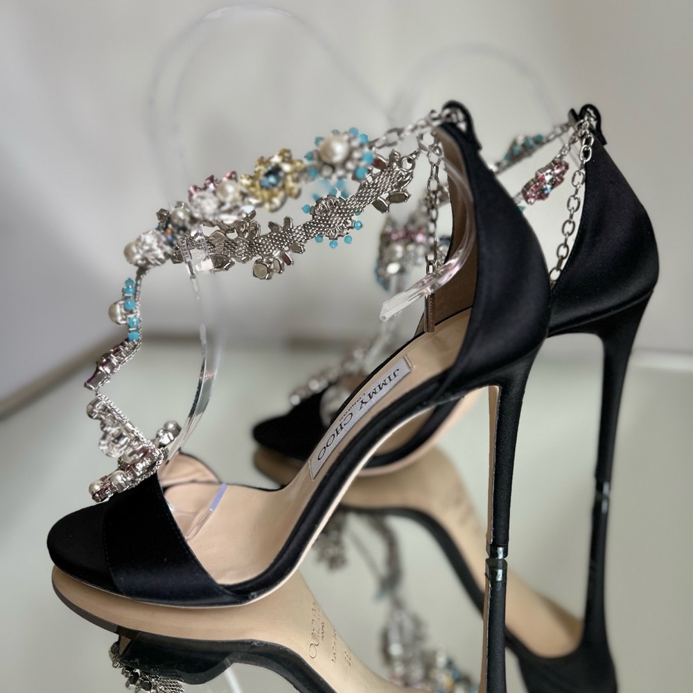New JIMMY CHOO Reign 100 Satin Sandals With Camellia Mix Anklet $4,495 36 - Picture 13 of 16
